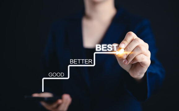 Good to Better to Best Concept. Businesswoman highlight staircase progress from good to better to best, continuous improvement, goal achievement, excellence in personal or professional growth,
