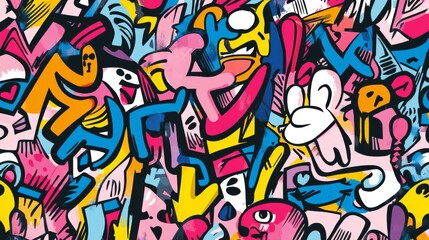 Naklejka premium Colorful abstract graffiti comics pattern with urban street art elements – seamless vector background for fashion, sportswear, and creative design
