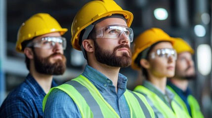 Construction Team Wearing Yellow Helmets and Safety Vests in Focus