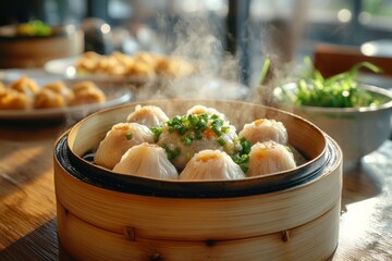 Delicious xiaolongbao dumplings are steaming hot in a bamboo basket, ready to be enjoyed