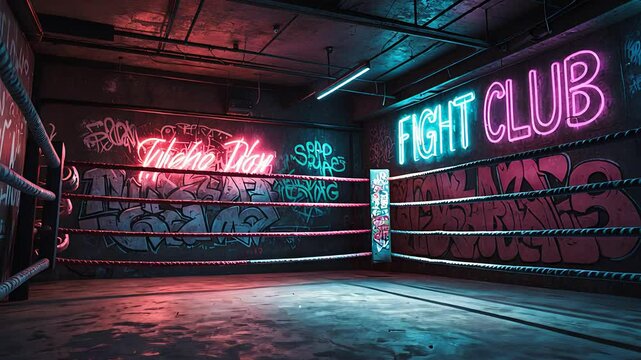 Underground boxing ring with neon lights and graffiti walls in dark gritty urban gym interior with concrete flooring

