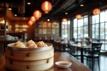 Steamed dumplings are served in a bamboo steamer basket with a side of soy sauce in a modern chinese restaurant