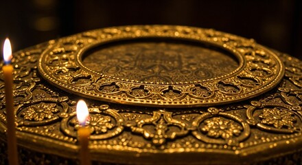 Obraz premium Ornate golden circular pattern with spiritual light center for religious websites, meditation blogs, sacred geometry projects, and historical art inspiration