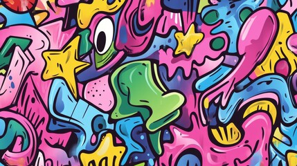 Colorful abstract graffiti comics pattern with urban street art elements – seamless vector background for fashion, sportswear, and creative design