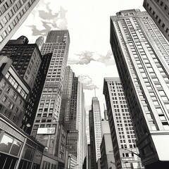 Monochrome city street, skyscrapers reaching sky, low angle view, urban landscape