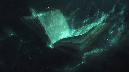 Glowing book, cosmic dust, fantasy, magic, artwork