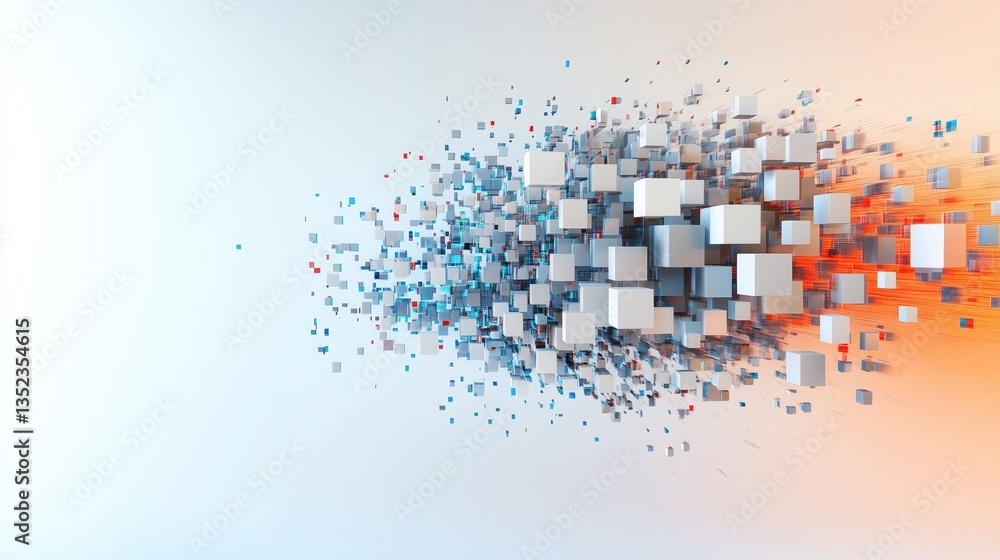 Poster abstract 3d digital cube pattern with dynamic dispersion. blue, white, and orange-red cubes form mod