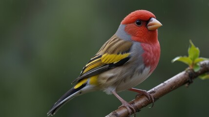 Fototapeta premium Colorful bird perched on a branch, featuring red, yellow, & gray plumage against a blurry green background
