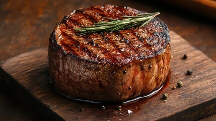 Close-up of a round, juicy grilled beef steak, with grill marks and a rich, caramelized exterior, ready to be served.