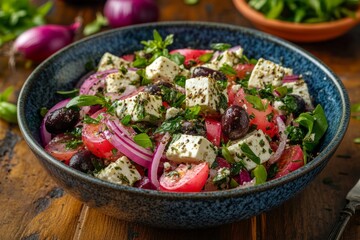Greek salad with tomatoes, olives, red onions, and feta cheese sprinkled with herbs