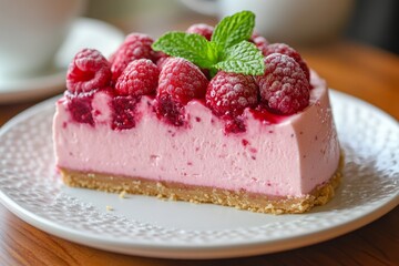 Slice of raspberry cheesecake with fresh mint leaves on a white plate, creating a tempting dessert