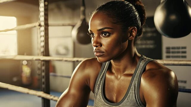 Female boxer in dimly lit gym reflecting on performance, determination