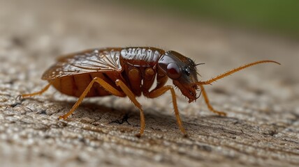 Brown beetle on wood surface, showing antennae, legs, and body with wings in detailed view
