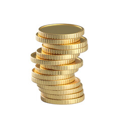 A tower of golden promise coins reflecting wealth with smooth studio lighting and shine on transparent background