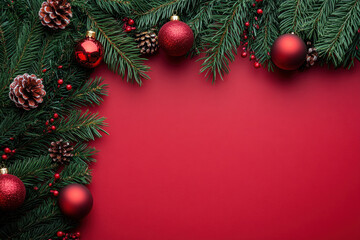 Christmas tree branches adorned with red balls and pine cones, creating a festive holiday atmosphere.