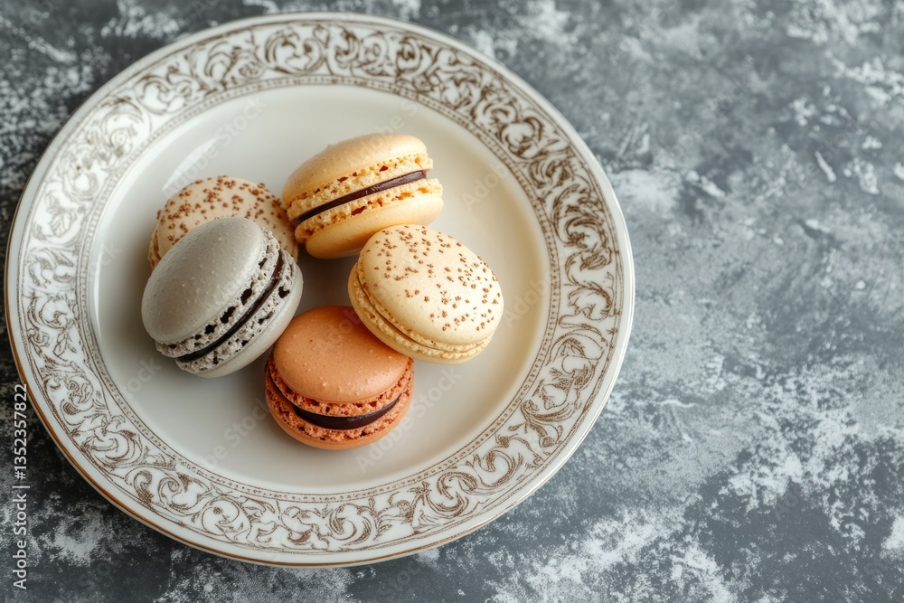 Poster four colorful macarons, each with a distinct flavor, are neatly arranged on a decorative plate, crea