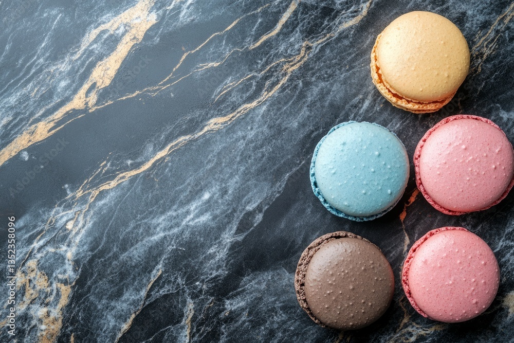Poster four colorful macarons are forming a semicircle on a dark marble background with golden veins, creat