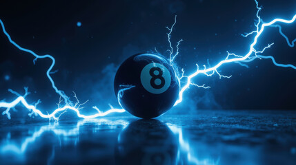 mystical eight ball surrounded by electric blue lightning, symbolizing fortune and fate