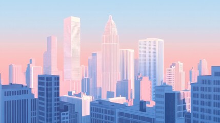 A stylized illustration of a cityscape with pastel sky colors