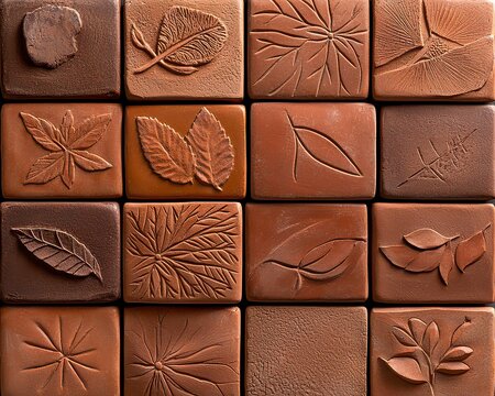 Discover the artisanal beauty of handcrafted clay tiles featuring intricate botanical relief patterns Elevate your interior design with these unique and natural textures, perfect for adding a touch