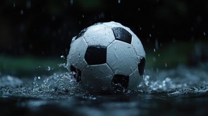 Soccer ball splashing in rainy water