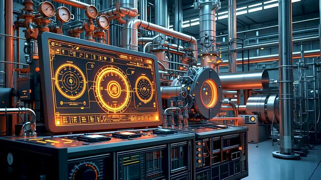 Industrial Control Room with Advanced Machinery and Digital Interface Panels in a Futuristic Factory
