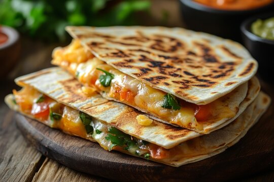 Sizzling quesadillas filled with melted cheese, tomatoes, corn, cilantro, and other vegetables are served on a rustic wooden board