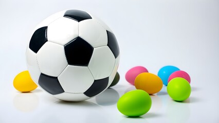 Naklejka premium Close-up of a soccer ball with Easter eggs scattered around it