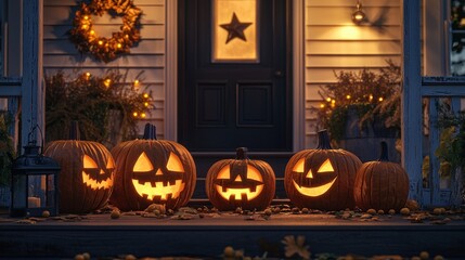Obraz premium four carved pumpkins sitting on a front porch at night. 