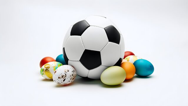 Soccer ball with colorful Easter eggs scattered around it on a white background. Festive sports concept.