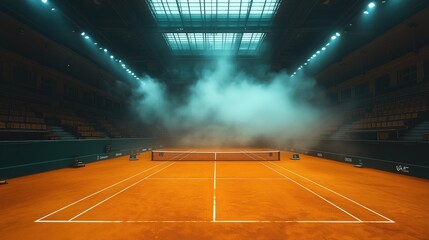 Indoor clay tennis court surrounded by mist under bright lights. Empty spectator seats and clear court lines form modern sports arena scene.