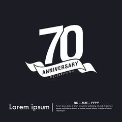 70th years anniversary celebration emblem. white anniversary logo isolated with ribbon on black background. monotone color. vector illustration template design for web, flyers, poster, greeting card	