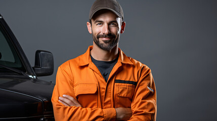 A mechanic in a grey and orange uniform with grease stains, holding a tool, ready for repair.

