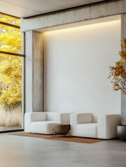 Modern living room with minimalistic design and nature views during autumn morning