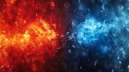 "Dynamic abstract background of ice and fire collision with vibrant blue and red light effects creating a powerful energy contrast
