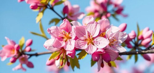 Obraz premium Delicate spring blossoms, vibrant hues against a serene blue backdrop, floral photography, pretty flowers