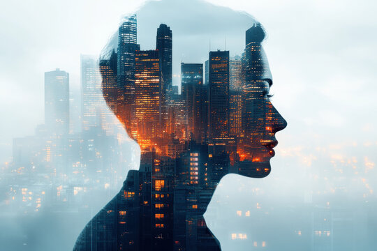 Woman's face against urban skyline: mesmerizing gaze framed by towering skyscrapers, embodying the fusion of modernity and beauty in a single image.