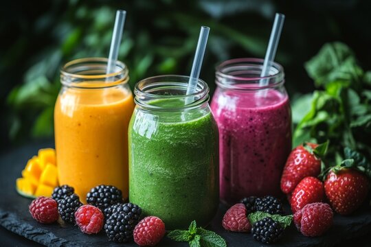Refreshing colorful smoothies surrounded by fresh fruits and vegetables promoting healthy eating habits - Powered by Adobe