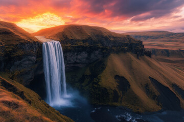 A majestic waterfall cascades down a rugged mountain terrain, framed by lush greenery and rocky cliffs, creating a stunning natural spectacle.