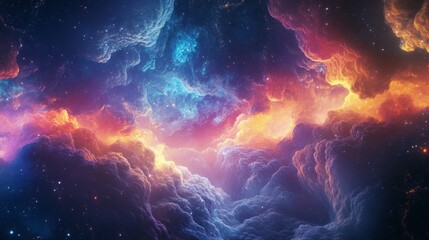 Naklejka premium Vibrant cosmic nebula background with glowing light rays and dynamic colorful energy swirls in a deep space abstract universe