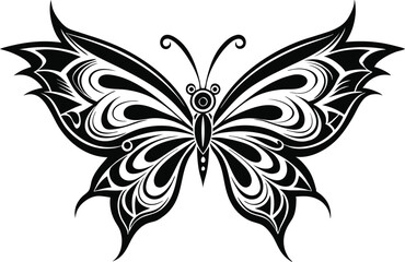 Elegant Tribal Butterfly Silhouette: Minimalist Black and White Tattoo Design