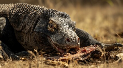 Obraz premium Komodo Dragon enjoying its bloody meal in Komodo National Park, Indonesia