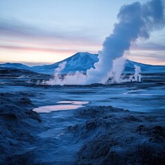 Dramatic volcanic landscape with billowing geothermal steam and clouds at sunset reflected in a calm pond at the base of a majestic Icelandic mountain