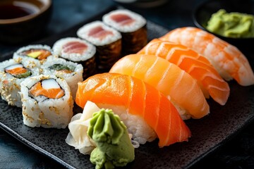 Delicious set of nigiri and maki sushi with salmon, tuna and shrimp displayed on black plate