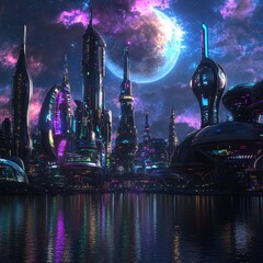 Fototapeta premium A futuristic cityscape with luminous structures overlooking water