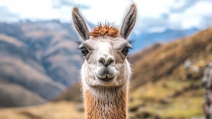 Obraz premium a llama looking directly into the camera with mountains in the background. 