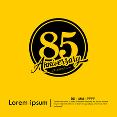 85th years anniversary celebration emblem. black anniversary logo isolated with handwriting and ribbon on yellow background. vector illustration template design for web, flyers, poster, greeting card