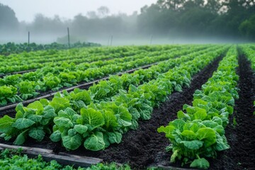 Obraz premium Lush green napa cabbage plants thrive in neat rows on a farm, with morning fog creating a serene atmosphere