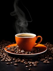Fototapeta premium Steaming Coffee in Orange Cup on Saucer Surrounded by Beans on Dark Surface Against Black Background