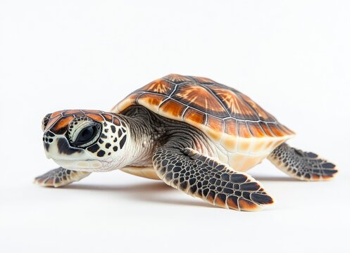 Sea Turtle Crawling Isolated on White Background Detailed Studio Shot